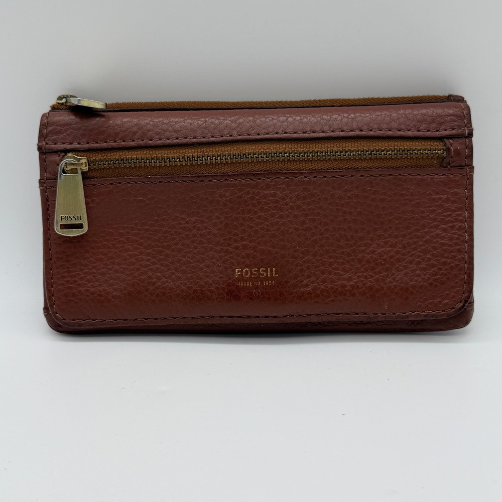 Fossil Bifold Wallet Womens Cognac Brown Pebbled Leather Dual Zip Slim